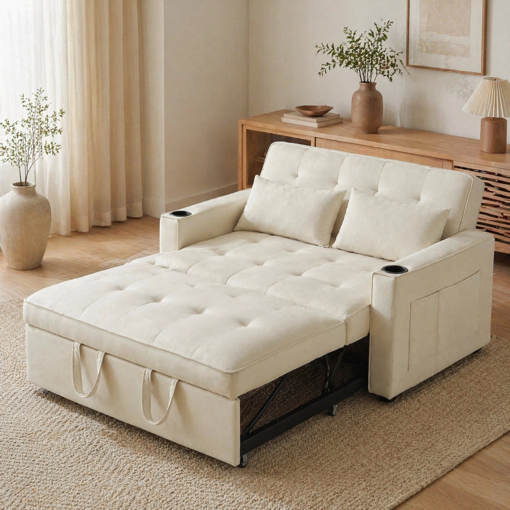 Divano Letto 2 Posti con Schienale Regolabile, Portabicchieri e Tasche Laterali, in Velluto Beige