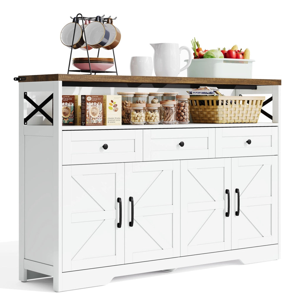 Credenza buffet 140 cm con 3 cassetti e 2 ante; mobile contenitore rustico in MDF; bianco e marrone