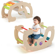 2 in 1 Arco da Arrampicata per Bambini, Arrampicata ad Arco con Dondolo Schienale e Sedile, Cavallo a Dondolo in Legno per Bambini 1 Anni +