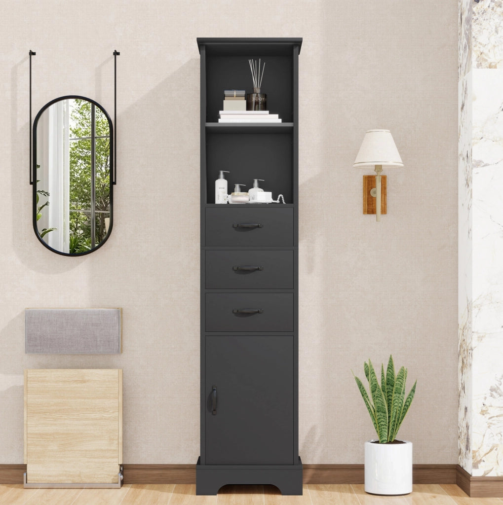 Mobile bagno alto nero in MDF laccato con 3 cassetti e ripiani regolabili