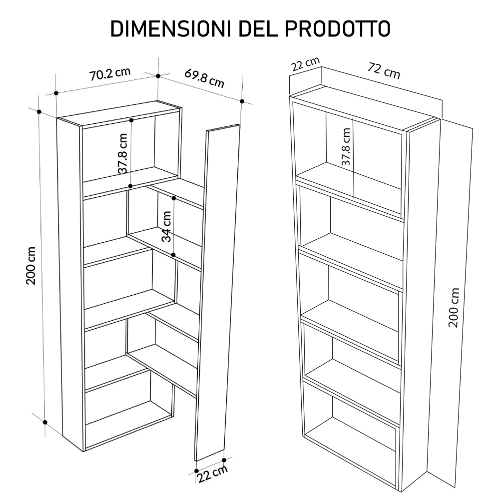 Libreria Modulare Apribile 72x22x200 cm Scaffale Libri Componibile in Legno  Quercia
