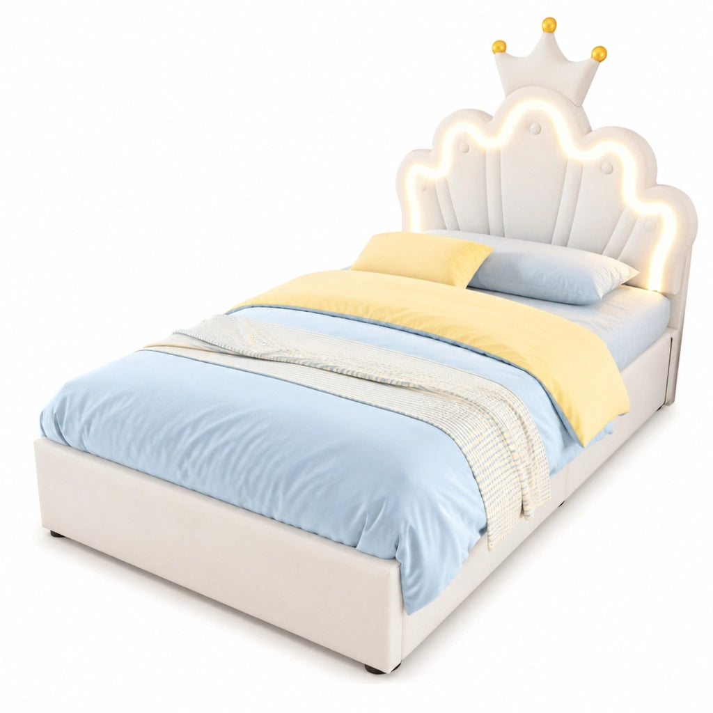 Letto imbottito 90x200 cm in PU bianco con LED; testiera regolabile e contenitore idraulico
