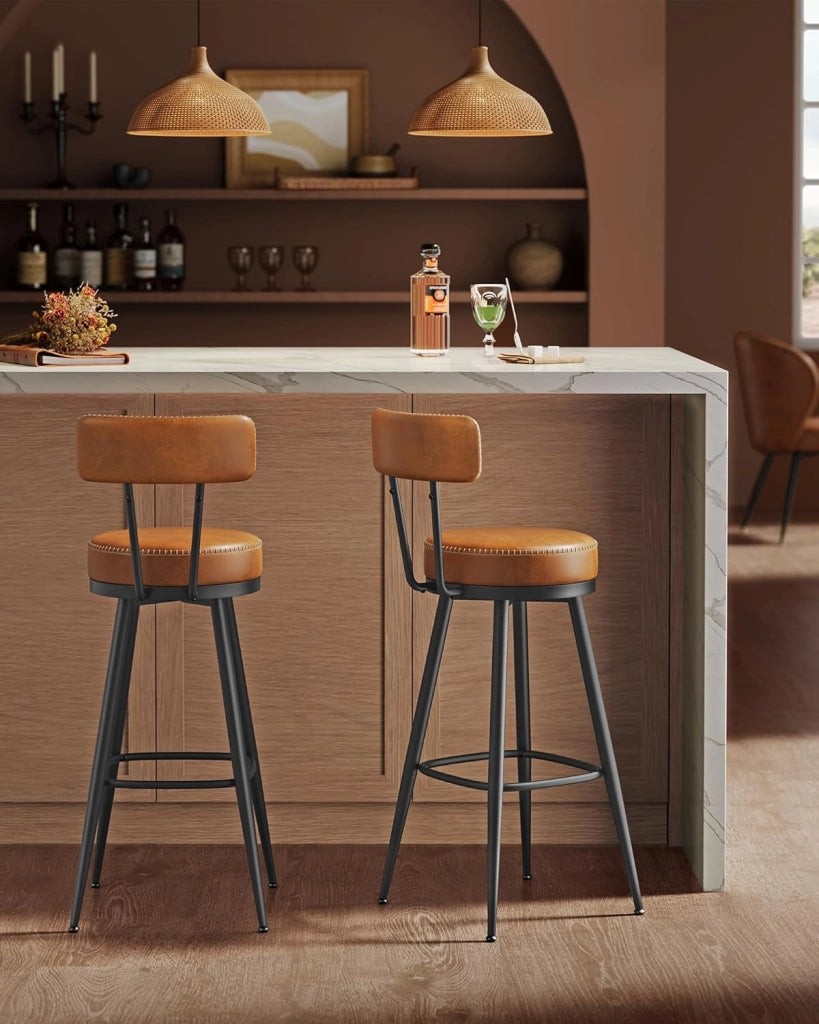 VASAGLE EKHO Collezione - Sgabelli Cucina Set da 2, Sgabelli da Bar Girevoli con Schienali, Sedie Cucina, Rivestimento con Cucitura, Moderno di Metà Secolo, Altezza 76 cm, Marrone Caramello LBC889K01