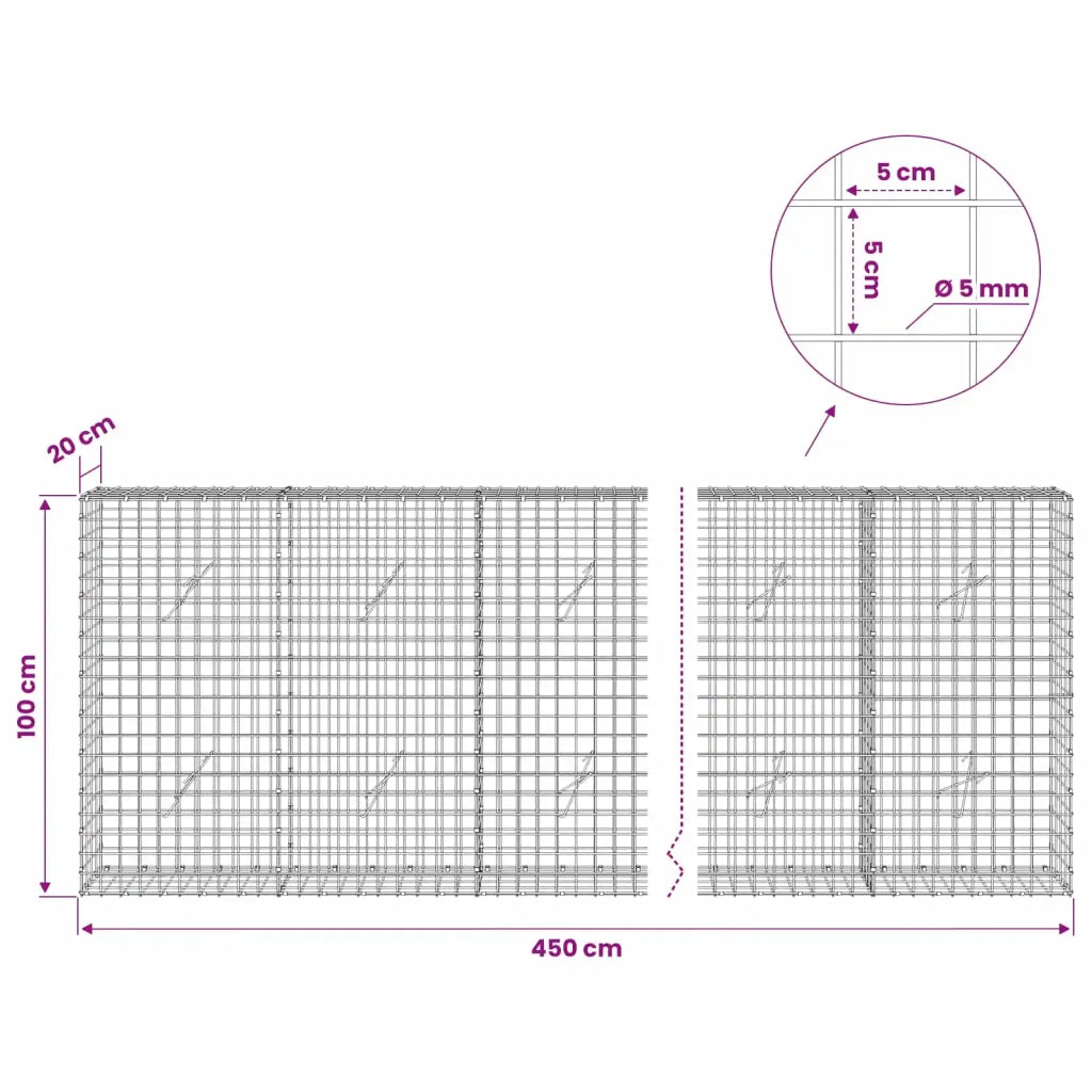Gabione con filo da 5 mm e rete da 5x5 cm 450x20x100 cm 3464067