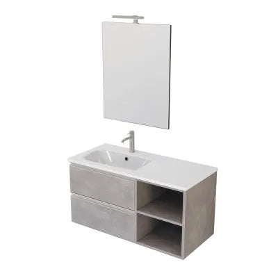 Mobile bagno sospeso 100 cm grigio cemento con cassetti e vani a giorno completo di lavabo a sinistra e specchio Master