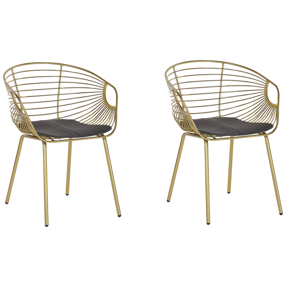 Set di 2 sedie da pranzo in filo metallico dorato design ecopelle Nero cuscino per sedile Glam Industrial Modern