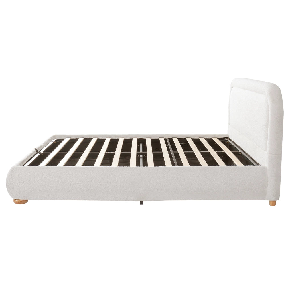 Letto matrimoniale 160x200 cm in bouclé bianco con contenitore idraulico, rete a doghe e struttura robusta