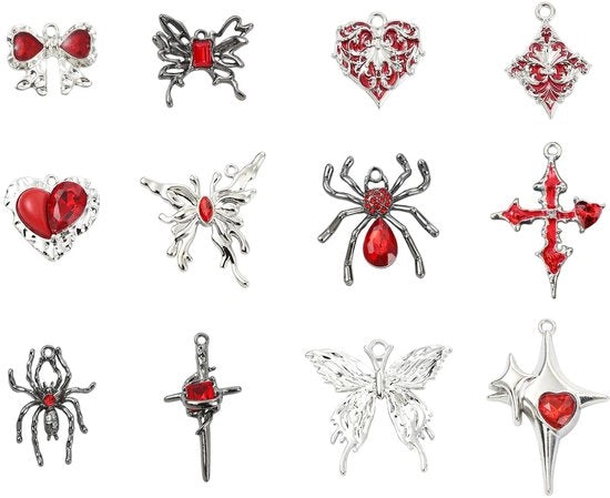 Pacchetto di Charms con Sconto 24 Stuks - Charms in Ottone - Creazione di Gioielli - Stili Unici - Estetica Scura - Lega Stabile - Vendita al Dettaglio