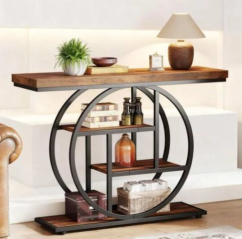 Tavolo consolle a 4 livelli in metallo e legno 105 x 30 x 80 cm nero e marrone rustico