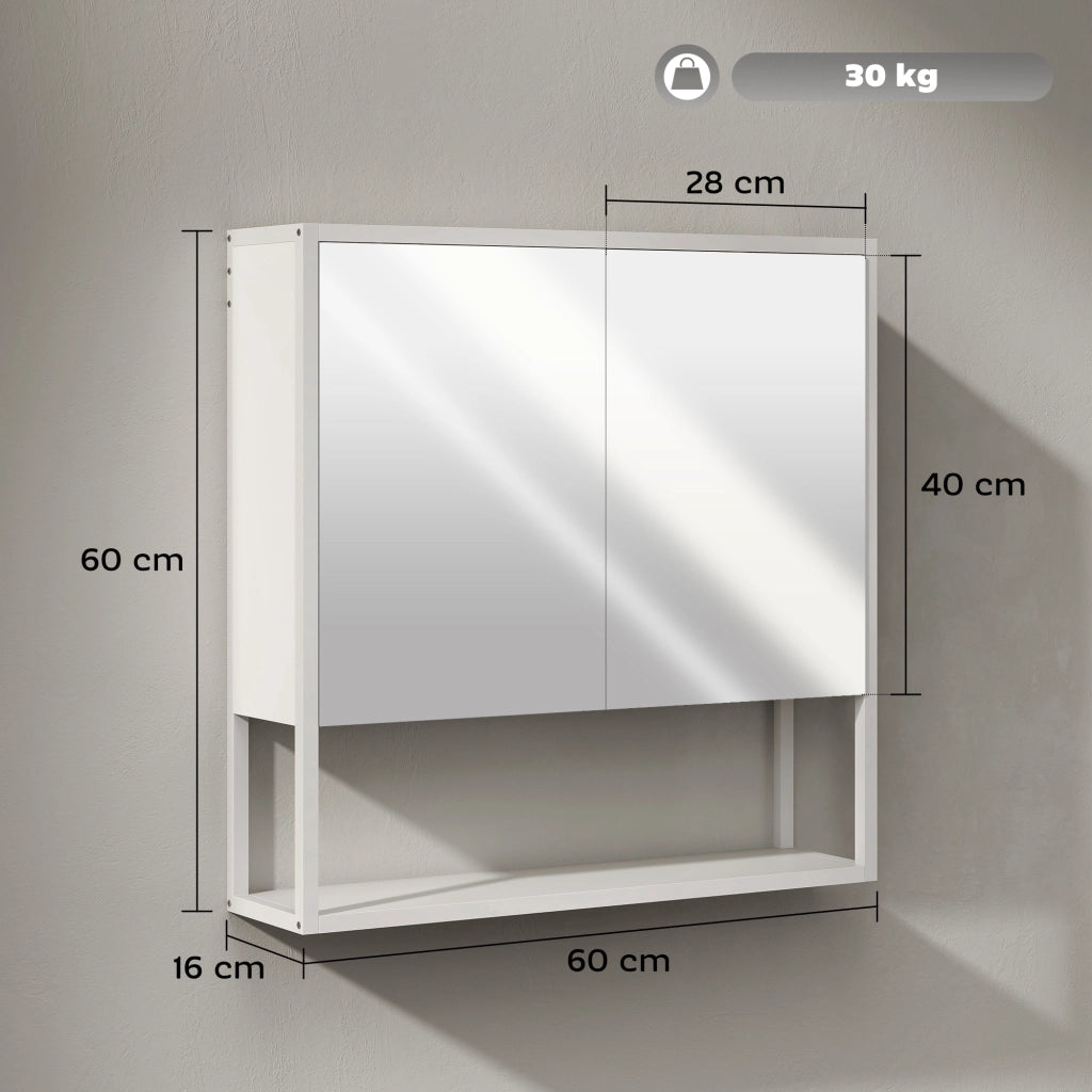 Mobile Bagno a Parete 60x16x60 cm con Specchio Armadietto e Ripiano Aperto in Legno Bianco