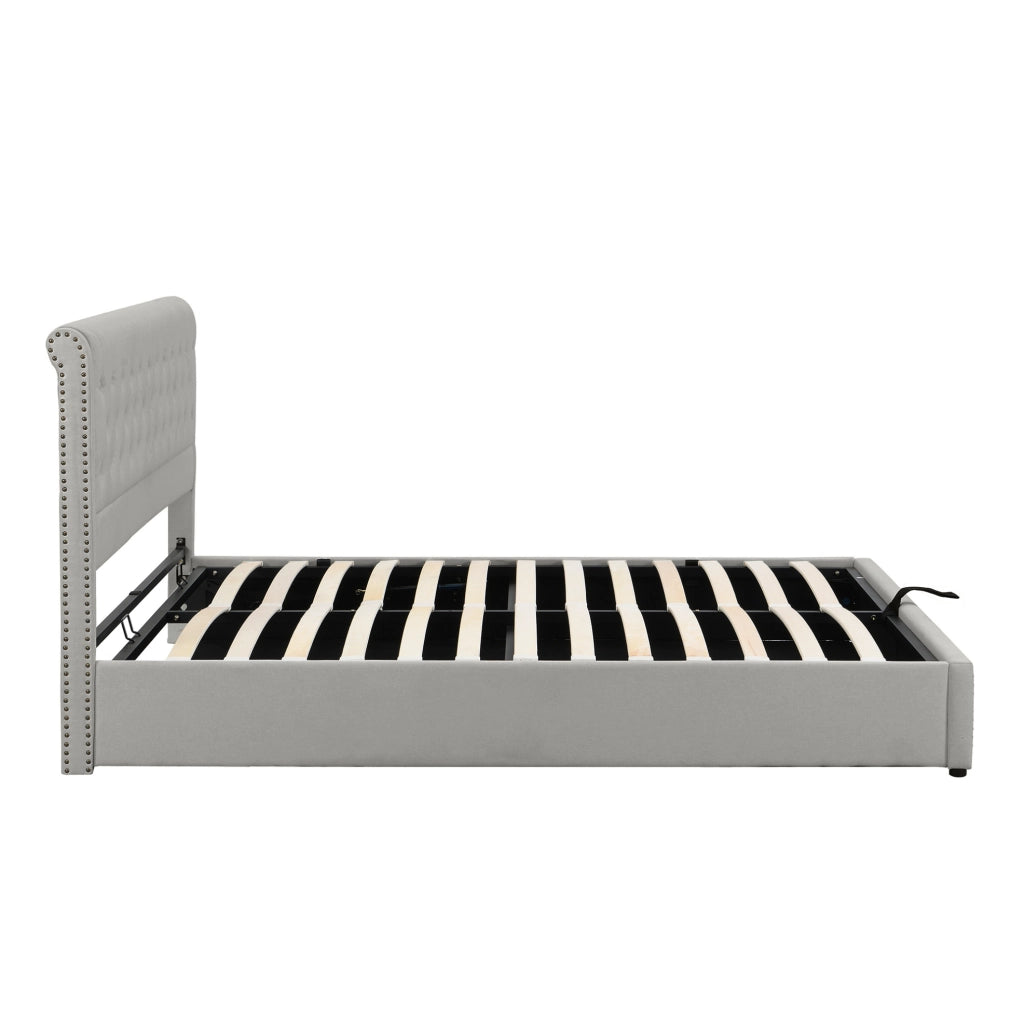 Letto imbottito in lino 160x200 cm con contenitore; rete a doghe; senza materasso; grigio