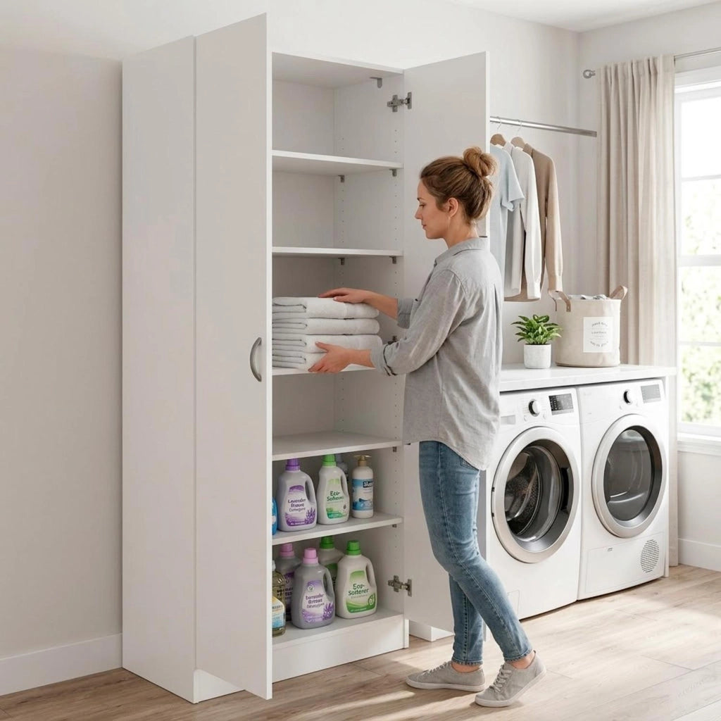 Armadio Multiuso 2 Ante Con 5 Ripiani Regolabili Mobile Moderno Salvaspazio Minimal Per Ingresso Camera Corridoio Lavanderia Ripostiglio Struttura Resistente 69.2 X 34.6 X 170.4 Cm Bianco