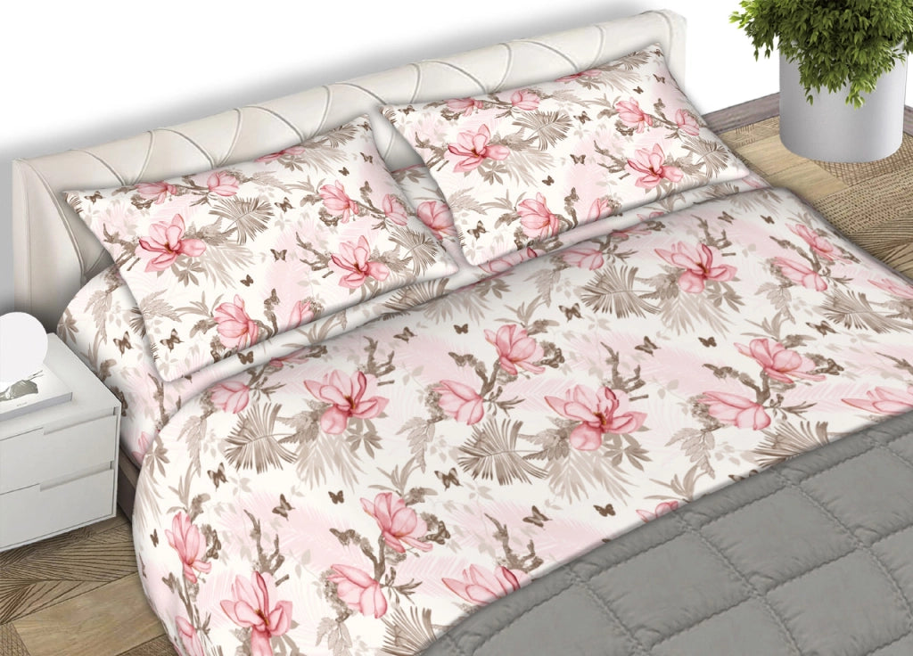 Completo Lenzuola Matrimoniale 100% Cotone Made Italy Disegno Leaves CN - Matrimoniale - Rosa