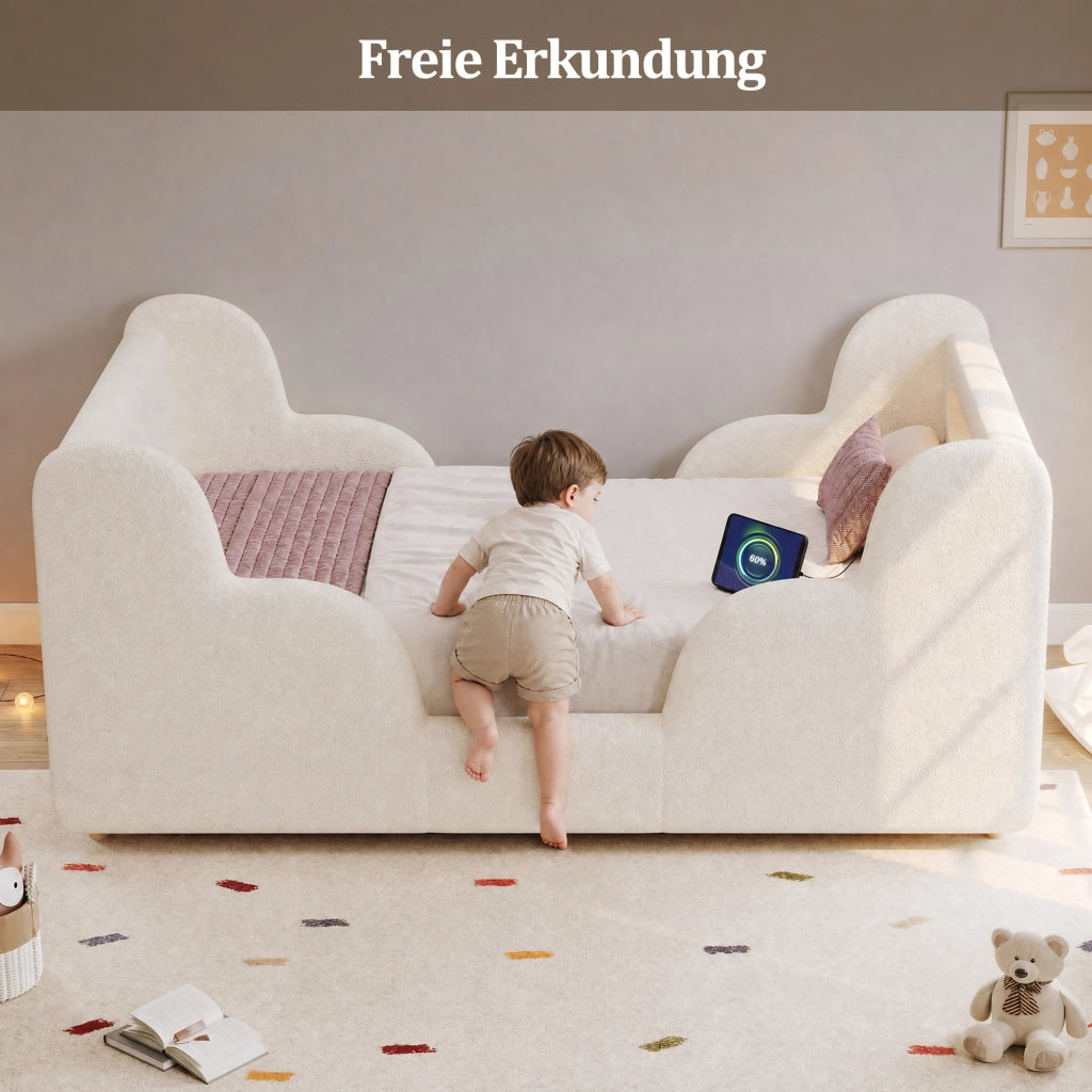 Letto per bambini 90 × 200 cm con sponde imbottite, luce notturna, porte USB e Type-C, senza materasso, beige