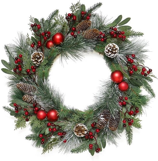 Decorazione per Porta a Festoni 60 cm con Mirtilli e Pigne di Pino