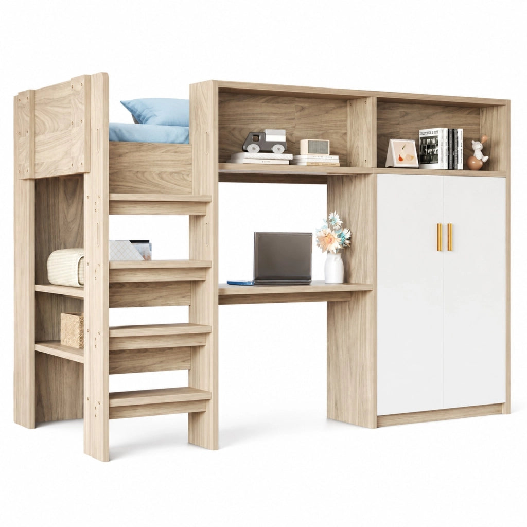 Hochbett multifunzionale 90x200 cm in legno naturale con scrivania; armadio; scaffali e LED