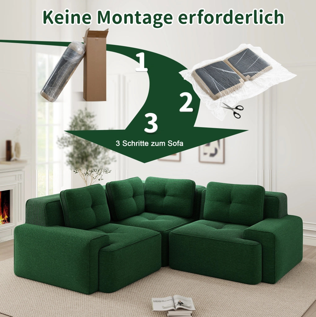 Divano angolare modulare 206x206x69 cm in corduroy verde con base antiscivolo