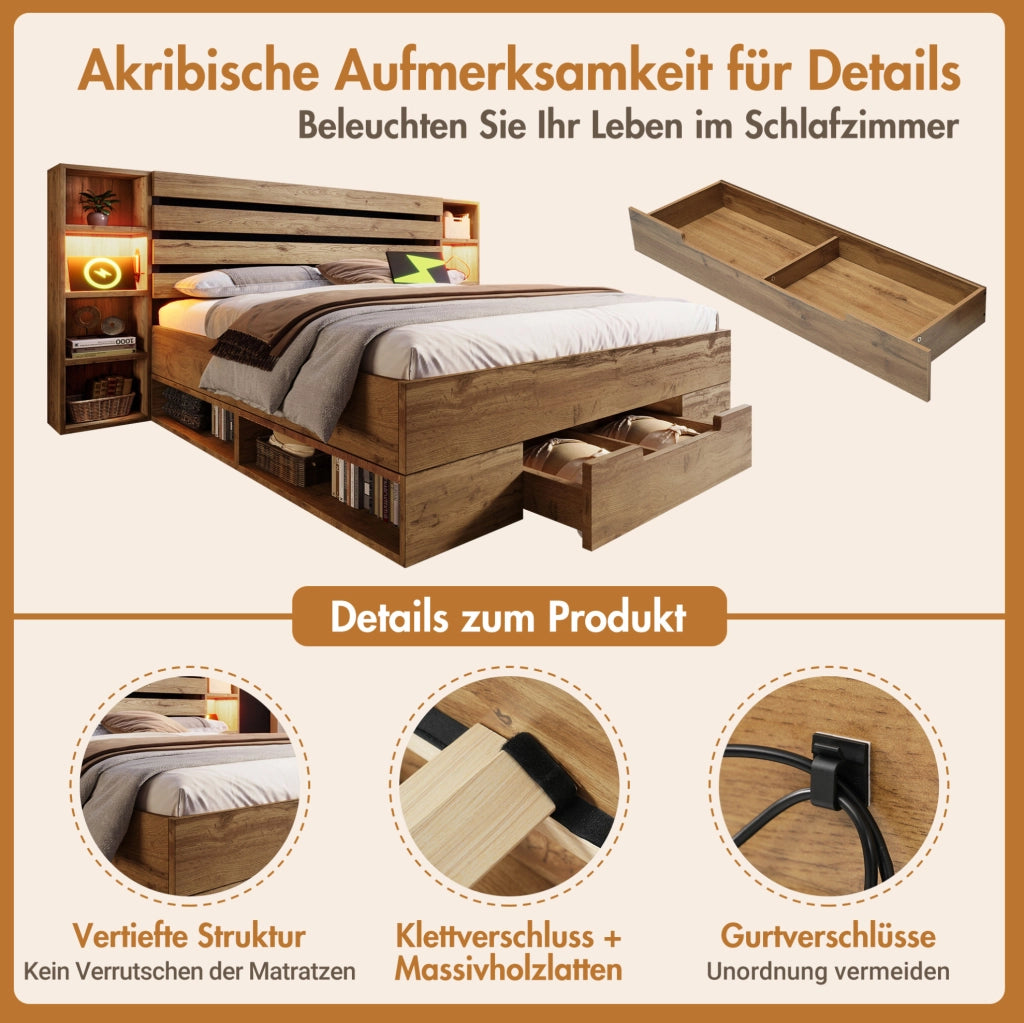 Letto matrimoniale in legno e metallo con LED, USB e contenitore