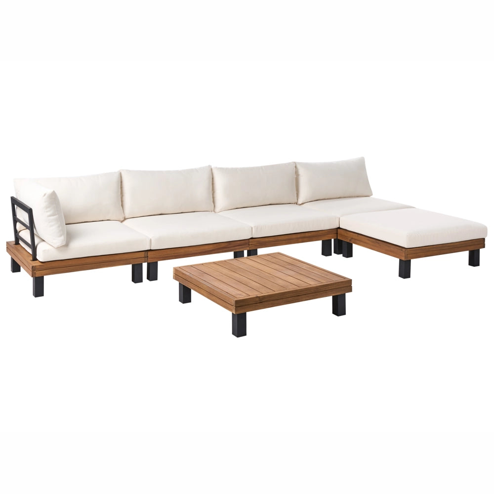 Set divano angolare modulare da giardino Tavolino in legno di acacia certificato con Cuscini in poliestere bianco sporco