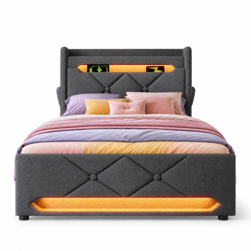 Letto singolo 90x200 cm con contenitore, LED 360¡ã, testiera con USB e Type C, grigio