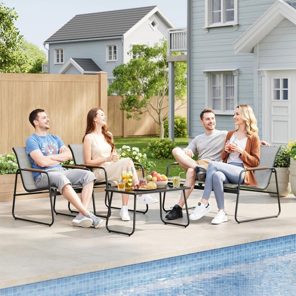 Set di Mobili da Esterno 4 Pezzi, Tavolo, Divano e 2 Sedie, Salotto da Giardino Resistente alle Intemperie, Struttura in Metallo, Tessuto Traspirante, per Balcone, Patio, Terrazza, Grigio