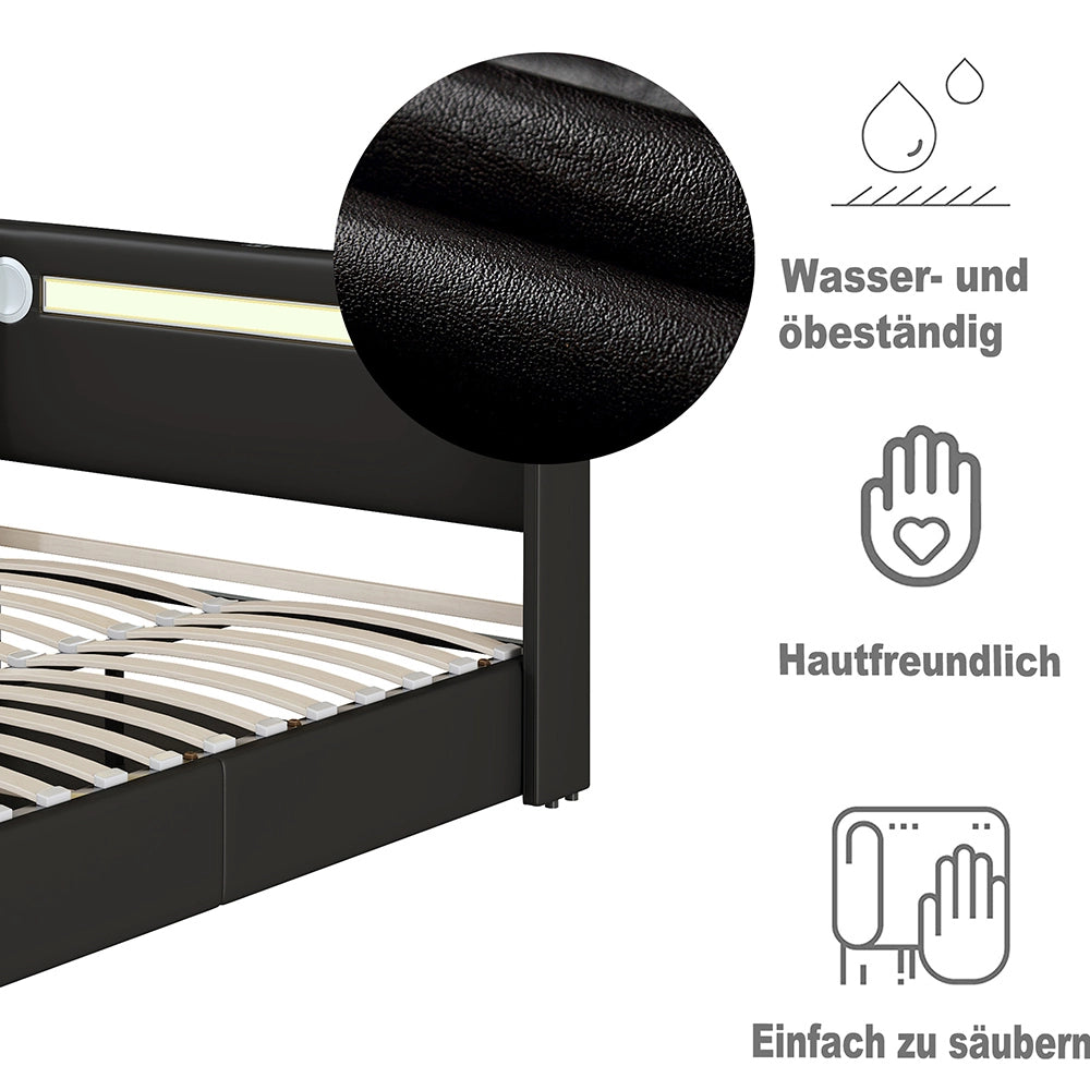 Letto a cassone imbottito singolo - Xylo - 90x200 cm - Nero - Con LED, Bluetooth e ricarica USB in Pelle PU