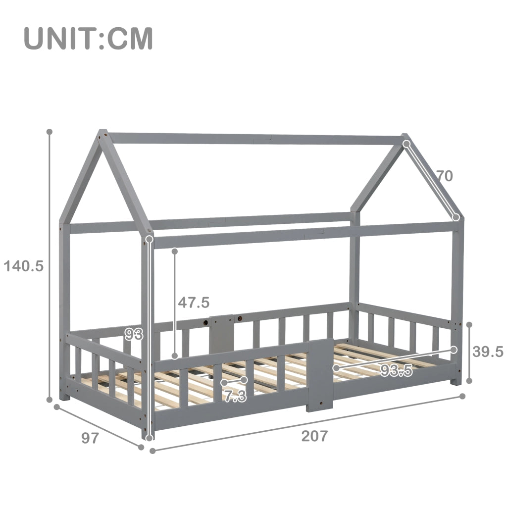 Letto a casetta per bambini 90 x 200 cm in legno di pino grigio con lavagna e sponde di sicurezza