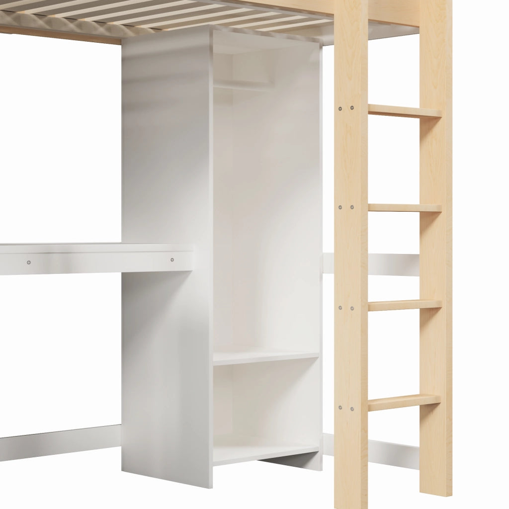 Letto a soppalco 90 × 200 cm con scrivania, scaffali e armadio, senza materasso, in pino, naturale
