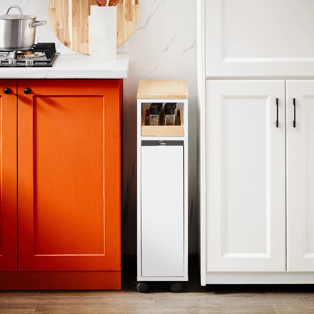 Carrello Cucina Salvaspazio Stretto – Mobiletto da Nicchia 20 cm con Ruote, Carrellino Cucina Multifunzione e Mobiletto Salvaspazio Cucina per Cucina e Bagno Bianco & Naturale 20x51x79cmNSR11-WN