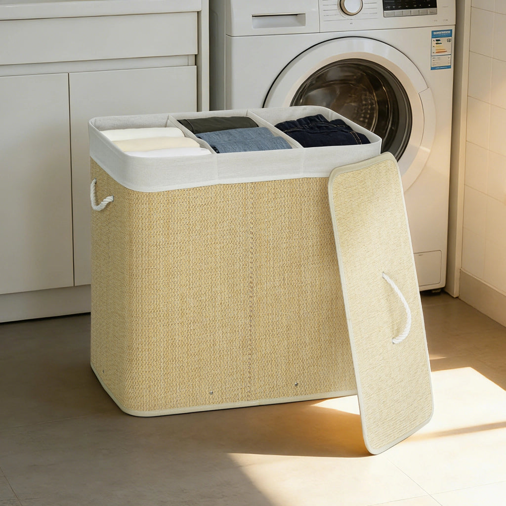 Cestino per Biancheria in Bamb¨´ con 3 Scomparti ¨C Zephmum ¨C 60x40x60 cm Crema