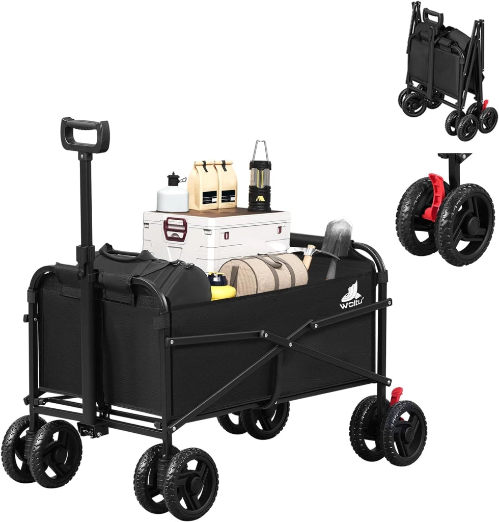 Carrello Pieghevole con 4 Ruote Doppie, Campeggio, Viaggio, Giardino, Spiaggia, Oxford+Metallo, Blu