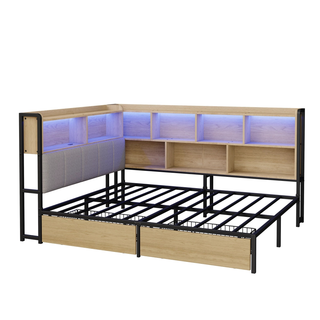 Letto Imbottito con LED, USB, Cassetti e Rete a Doghe in Metallo ¨C MINIMAL ¨C 140x200