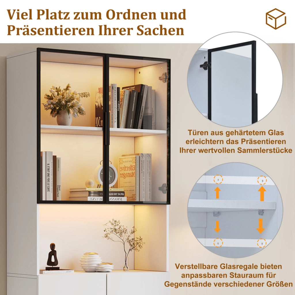 Vetrina con ante in vetro e LED, 1 ripiano regolabile e vano aperto, per soggiorno, bianco, 80 × 30 × 200 cm
