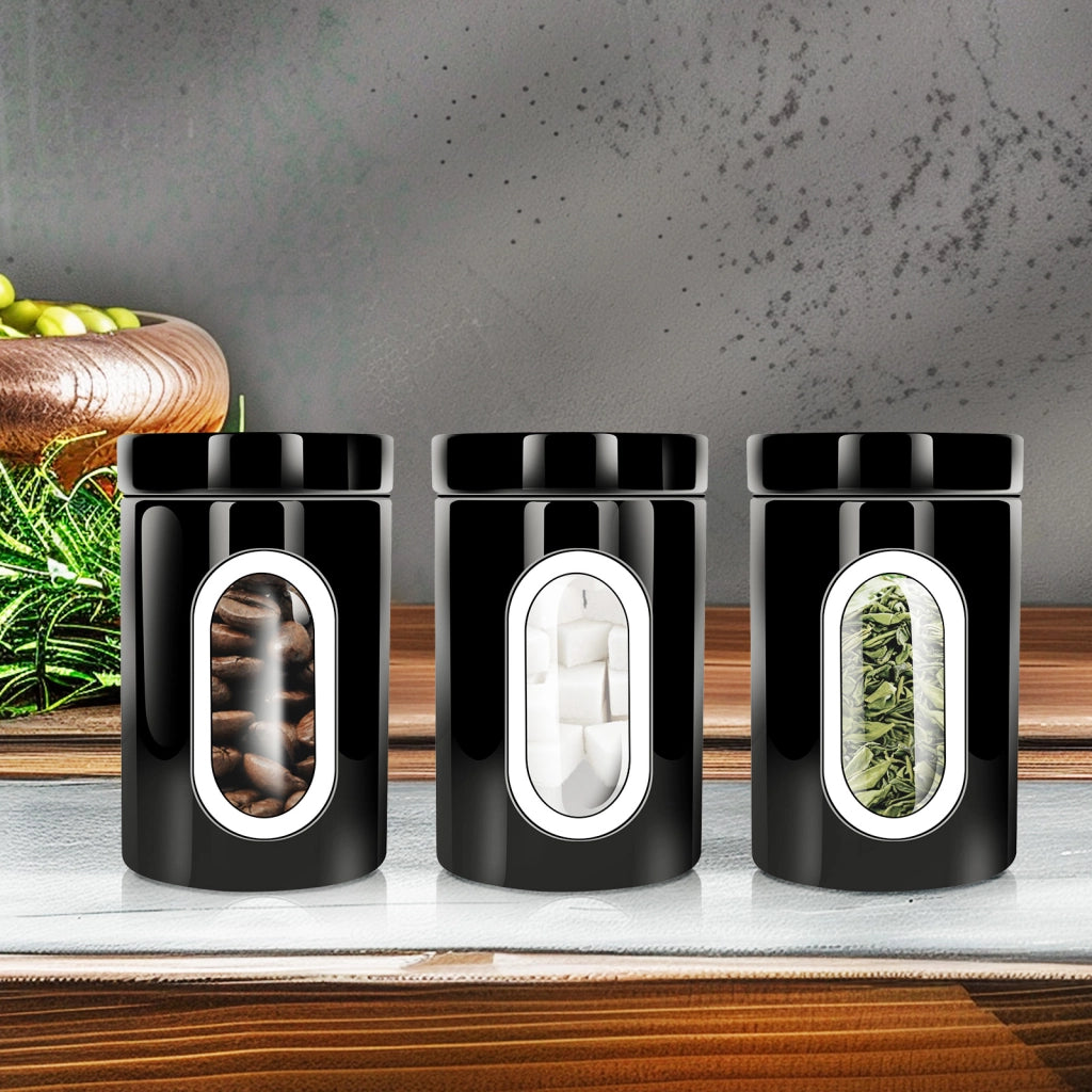Set 3 Scatole Impilabili per Caffè Zucchero Finestra Trasparente Ermetiche Nero Cheffinger