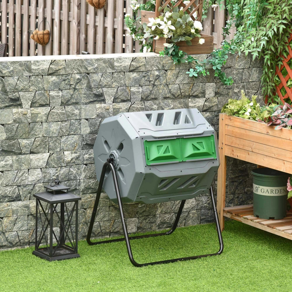Compostiera da Giardino Girevole a 2 Sezioni con 8 Prese d'Aria, in Acciaio e PP, 71x65x96 cm, Grigio