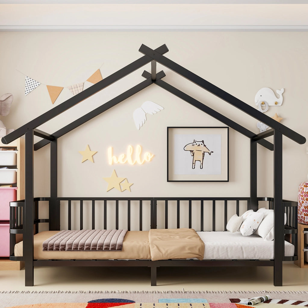 Letto a casetta 90x200 cm con sbarre di sicurezza in metallo nero