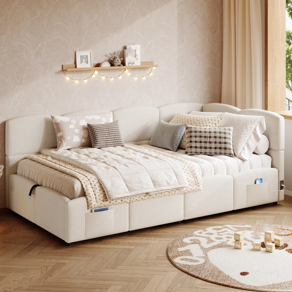 Letto contenitore 90x200 cm con USB A e USB C; tasche laterali; tessuto bouclé beige