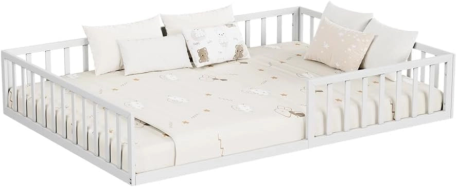 Letto a pavimento Minno 140x200, letto bambini in metallo, letto Montessori con protezione anticaduta, bassa altezza d’ingresso, bianco