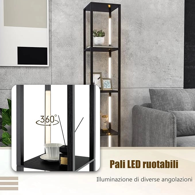 Lampada da Terra con Mensola, Lampadine LED Dimmerabili a 3 Livelli e Poli LED Ruotabili, Piantana Lampada da Terra per Soggiorno, Studio e Camera da Letto