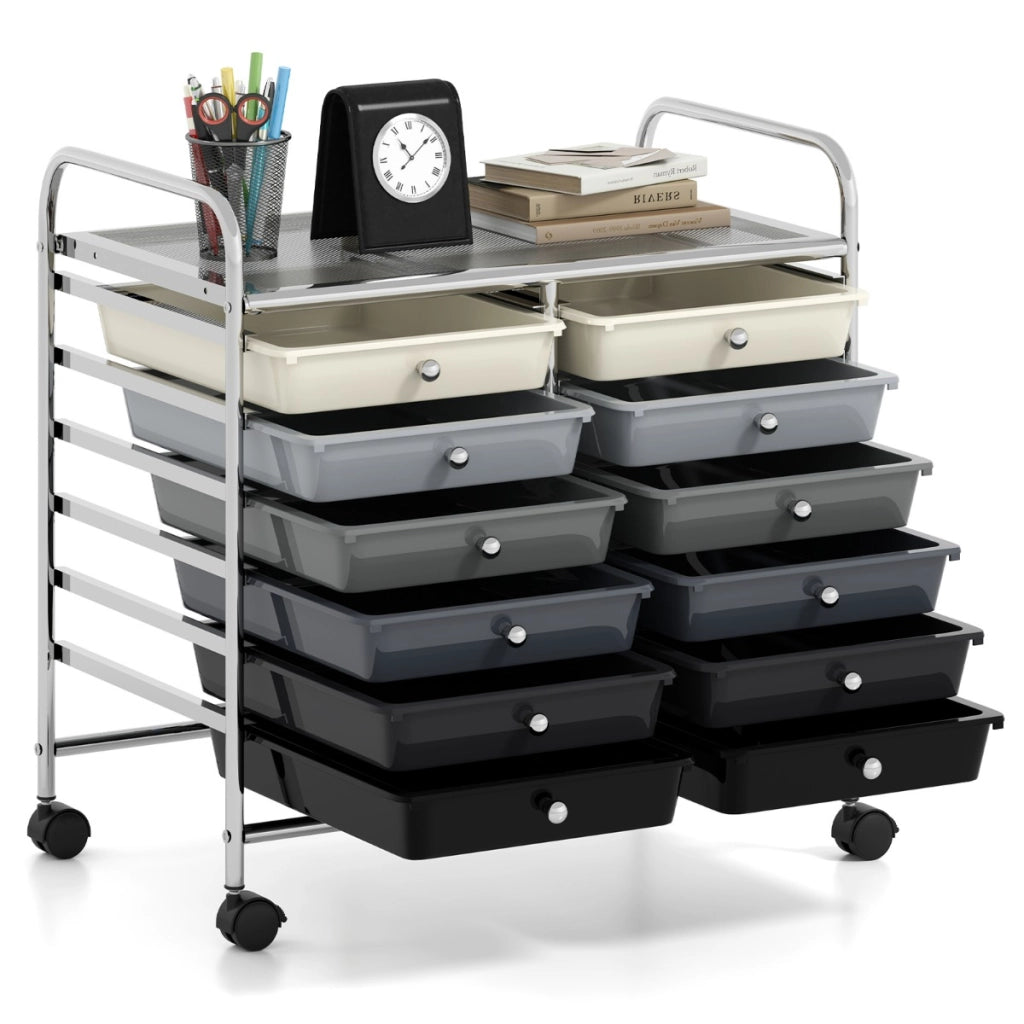 Carrello portaoggetti con 12 cassetti e ampio piano di lavoro, Cassettiera con 4 ruote per soggiorno e cucina Grigio Sfumato-Carrelli