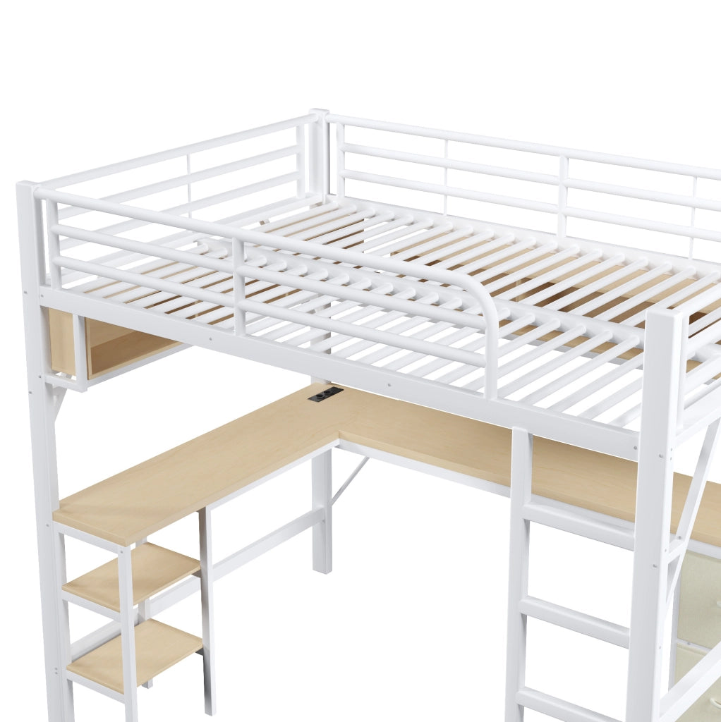 Letto a soppalco 140x200 cm con scrivania; ripiani; LED e cassetti; MDF e metallo; bianco