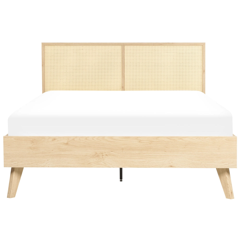 Letto matrimoniale legno di pioppo chiaro con testiera in vimini 140 x 200 cm camera da letto moderna boho minimalista
