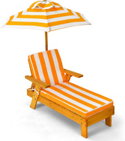 Chaise Longue da Esterno per Bambini, Poltrona di Legno con Ombrellone Smontabile, Sedia Portatile con Cuscino, Ideale per Bambini 3-8 Anni