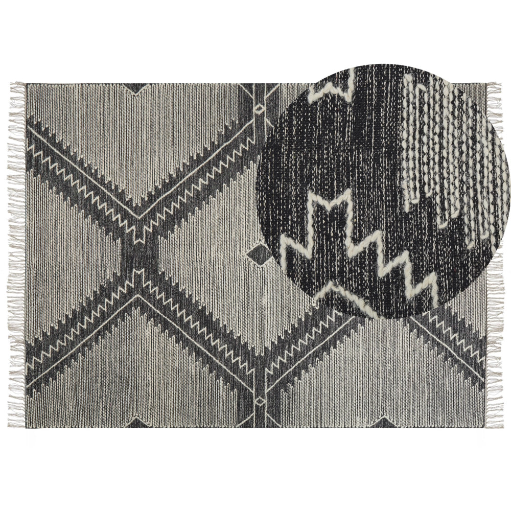 Tappeto in cotone bianco panna nero 160 x 230 cm lana motivo geometrico nappe orientale tribale