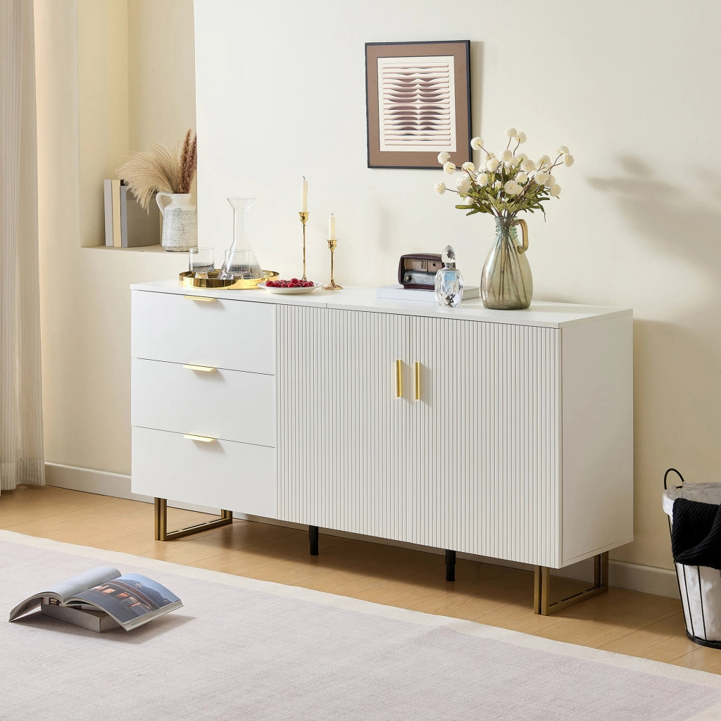 Credenza 160x40x81.5 cm con 3 cassetti e 2 ante in MDF bianco