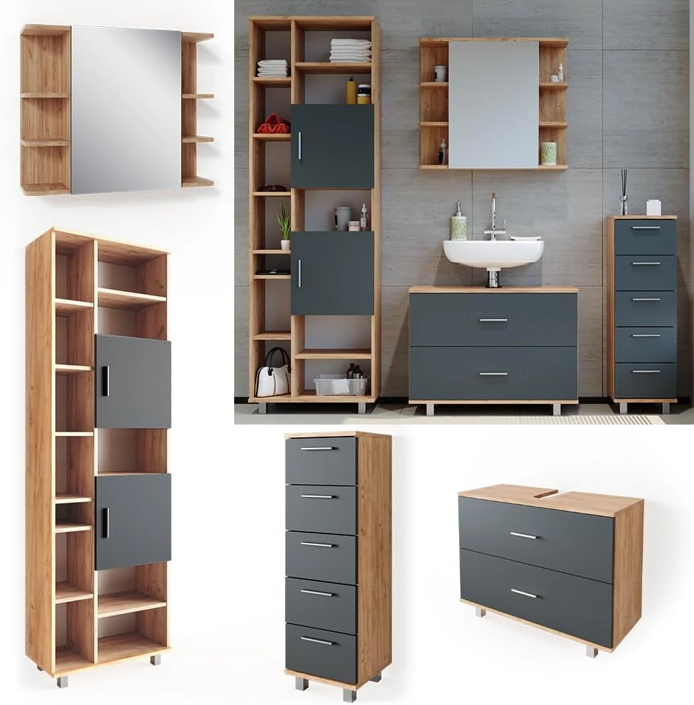 Set mobili bagno Ilias, Antracite/quercia dorata, 80.2 cm, composto da mobile lavabo, pensile a specchio, colonna e base media