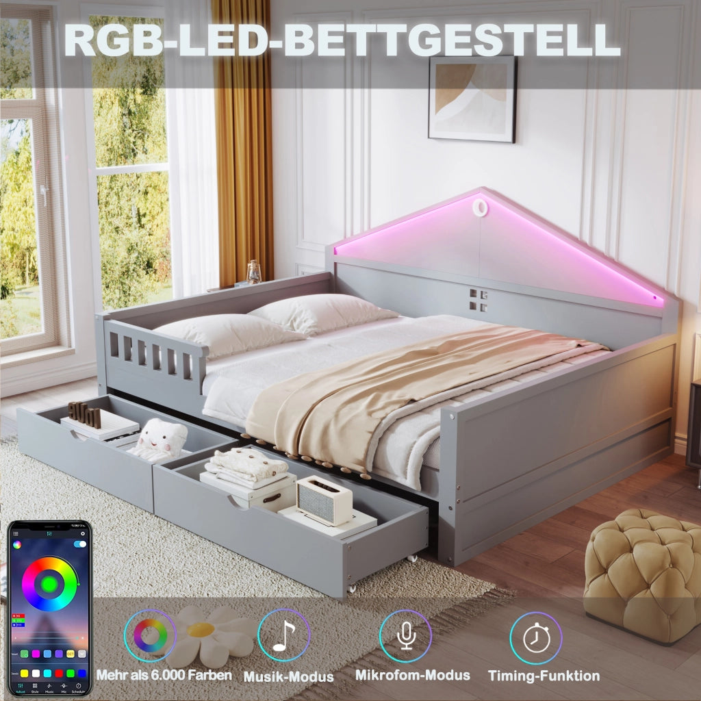 DESMIU Letto singolo 140 × 200 cm con LED, 2 cassetti, senza materasso, in legno massiccio e MDF, grigio
