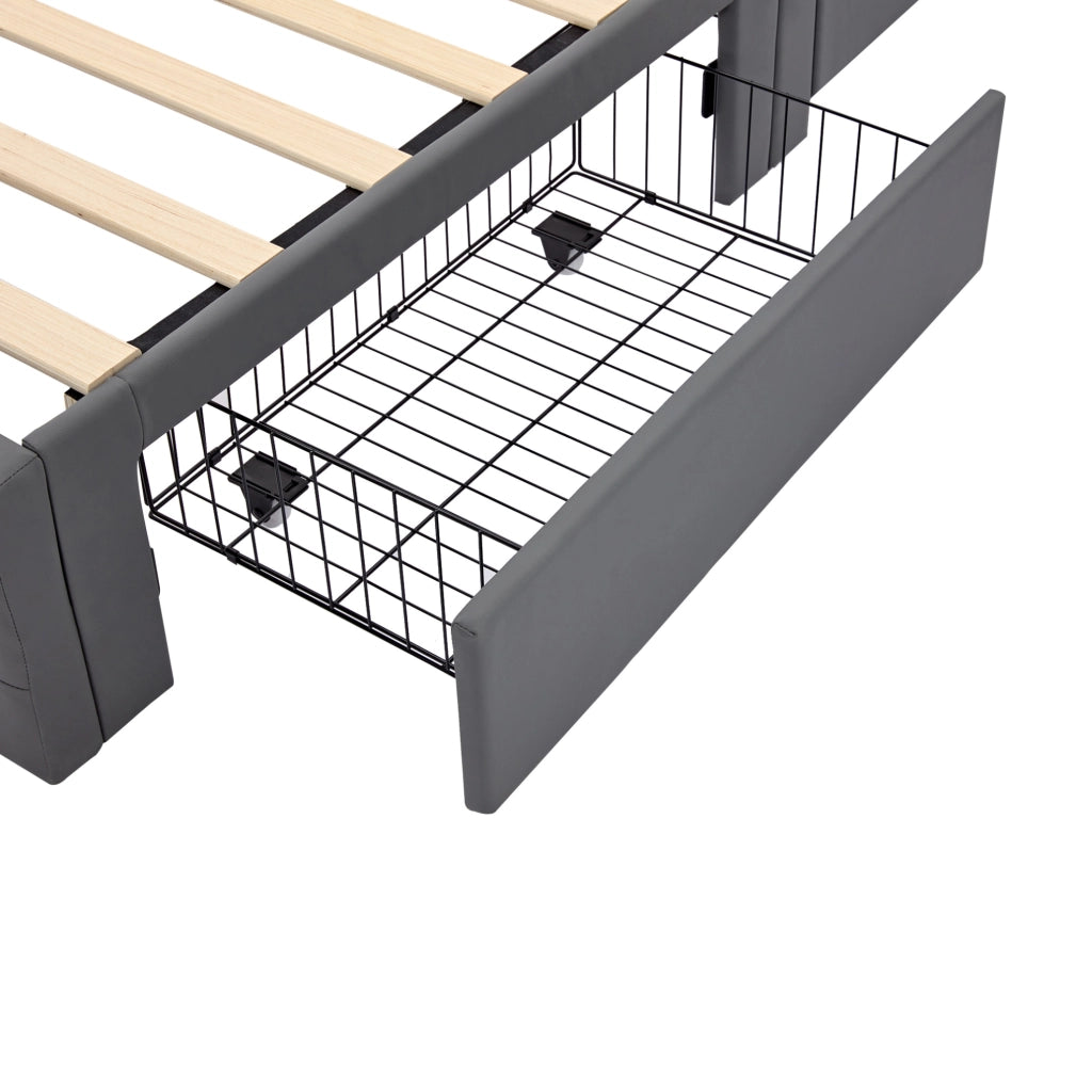 Letto imbottito 90x190 cm in PU grigio con USB; LED e quattro cassetti