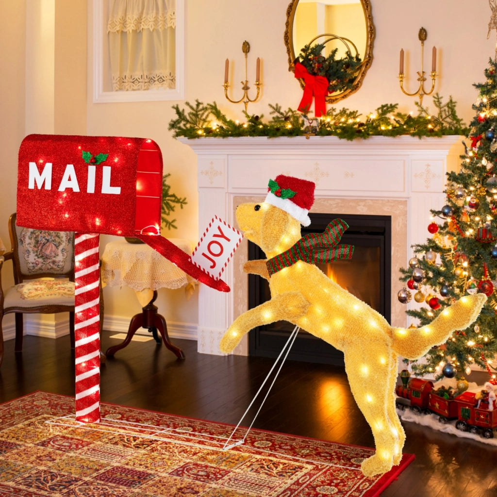 Cassetta postale natalizia e cane con 120 luci LED bianco caldo, Decorazione festiva pre-illuminata con fascette-Decorazioni festive