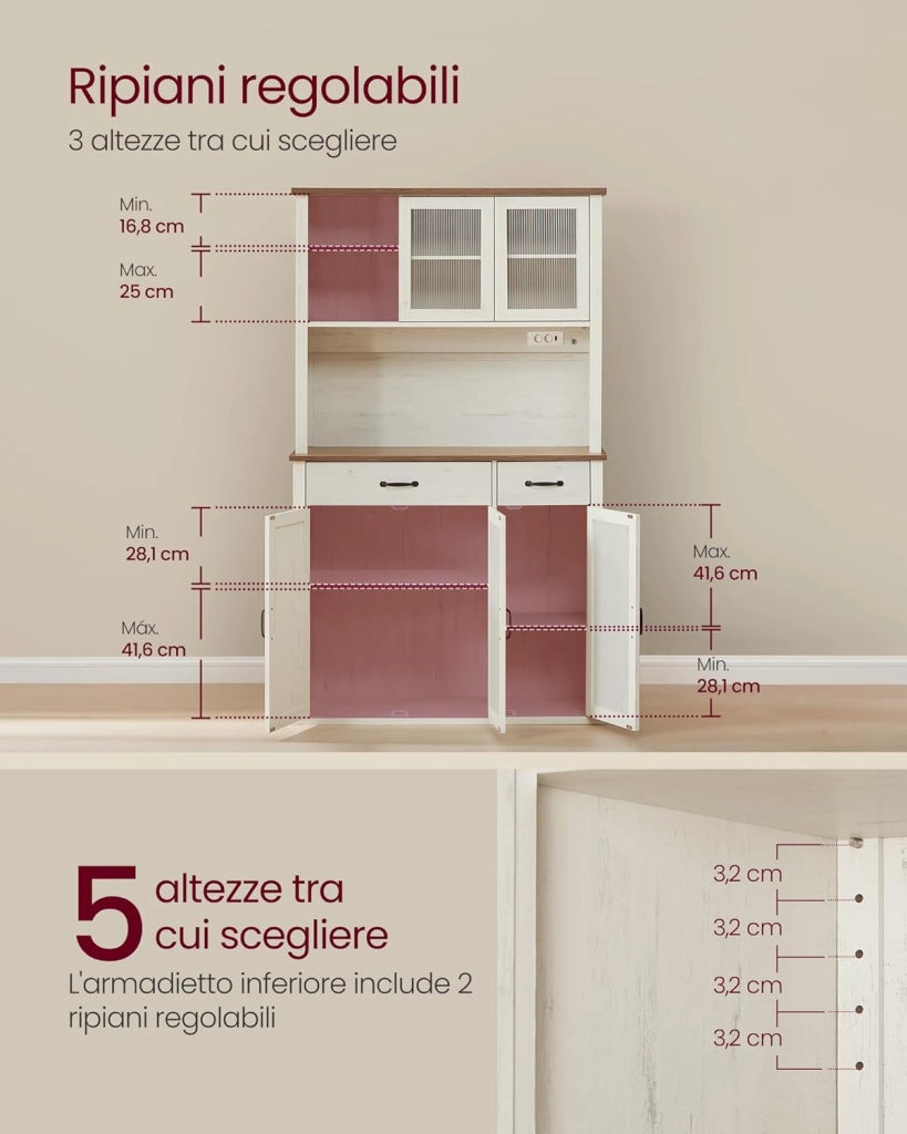 VASAGLE Credenza Cucina con Luce e Multipresa, Mobile Dispensa Cucina con Ante e Cassetto, 39,5 x 106,5 x 180,6 cm, con Ripiani Regolabili, Stile Farmhouse, Bianco Vintage e Marrone Miele BBK391W02